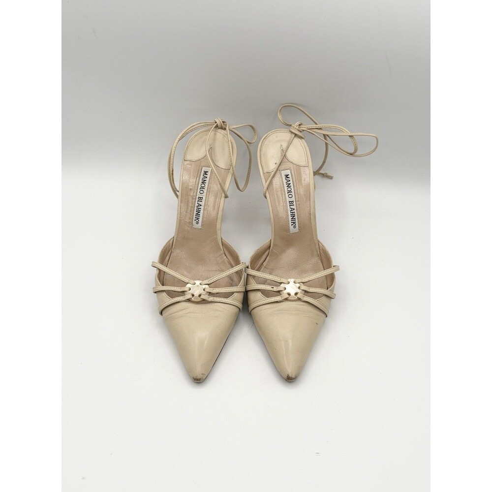 Manolo Blahnik Nude Pointed Toe Heels Button Accent Ankle Tie Size EU 36
